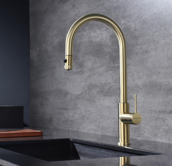 смеситель для кухни paulmark galant ga213077-sbg, с выдвижным изливом, цвет светлое брашированное золото