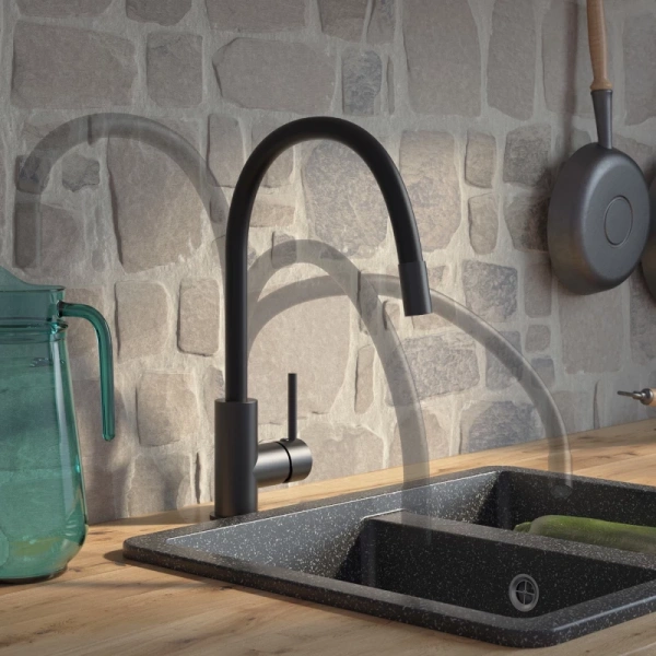 смеситель для кухни iddis kitchen 360 k36blj0i05 черный, с гибким изливом