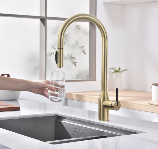 смеситель для кухни paulmark universal un213880-sbg, с выдвижным изливом, цвет светлое брашированное золото