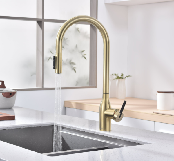 смеситель для кухни paulmark universal un213880-sbg, с выдвижным изливом, цвет светлое брашированное золото