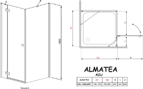 душевой уголок radaway almatea kdj 120 l×80 прозрачное