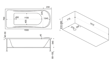акриловая ванна bas верона 150х70 flat (вг00319), гидромассажная