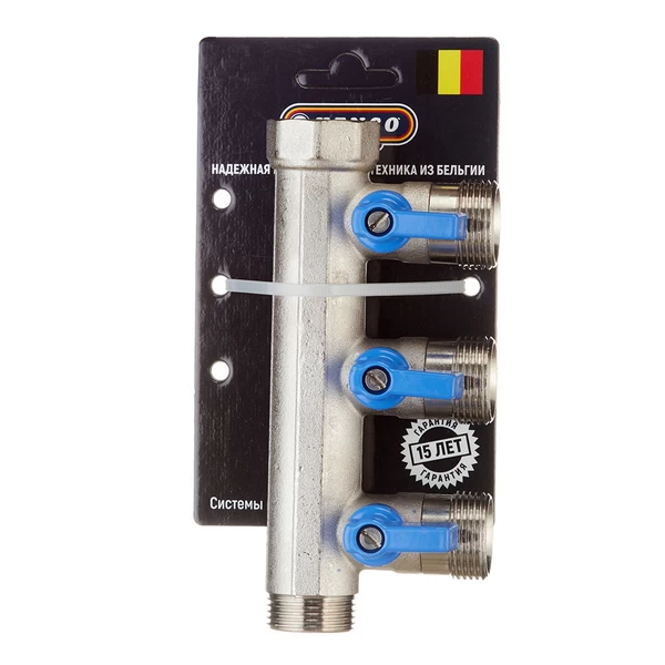 коллектор henco 3/4 вр(г) х 3 выхода 3/4 нр(ш) ек х 3/4 нр(ш) с шаровыми кранами, vb050503-blauw
