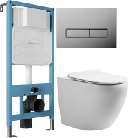 Комплект 3 в 1 Унитаз подвесной STWORKI Кронборг KR-01up безободковый, с микролифтом, встроенный, фарфор, с горизонтальным выпуском + Инсталляция Aqueduto Tecnica TEC01 + Кнопка Retangulo RET0100 цвет хром