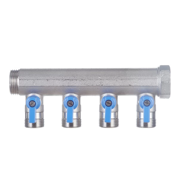 коллектор henco 1 вр(г) х 4 выхода 3/4 нр(ш) ек х 1 нр(ш) с шаровыми кранами, vb060504-blauw