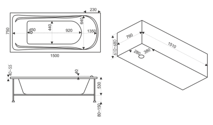 акриловая ванна bas бриз 150x75 flat (вг00032), гидромассажная