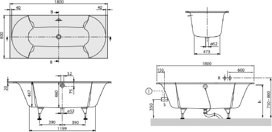 квариловая ванна villeroy & boch pavia 180x80 ubq180pav2v-01