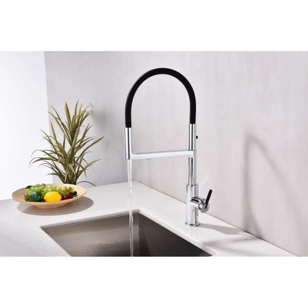 смеситель для кухни paulmark tornado to213402-cr, с гибким изливом, с подключением к фильтру воды, цвет хром/ черный