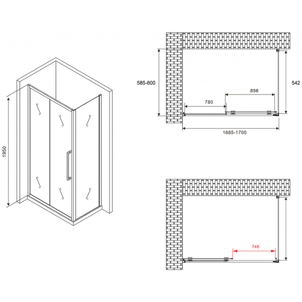 душевой уголок abber schwarzer diamant 170x60 ag30170bхh-s60b профиль черный, стекло прозрачное