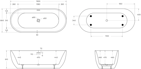 акриловая ванна belbagno 190x80 bb417-1900-800 без гидромассажа