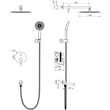 душевой комплект wonzon & woghand stick ww-88939017-bg 300 мм, со смесителем, золотой матовый