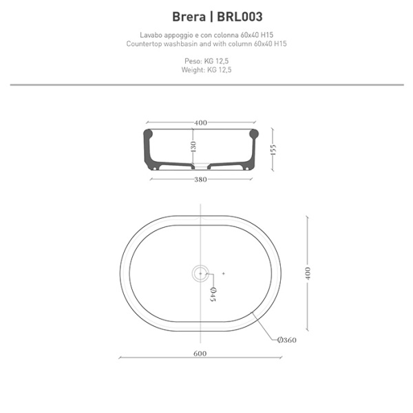 artceram brera раковина 60х40х15см., накладная, без отв., цвет: белый глянцевый