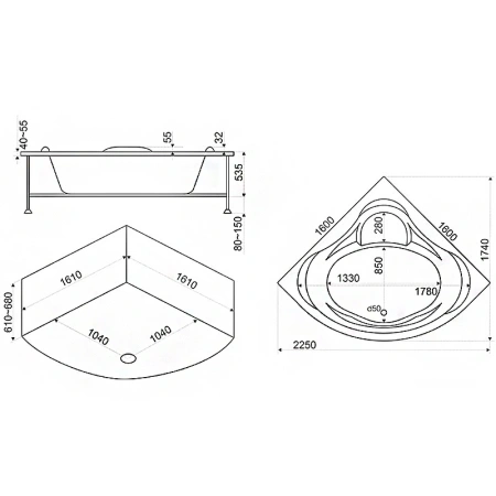 акриловая ванна bas мега в 00024 160x160 без гидромассажа