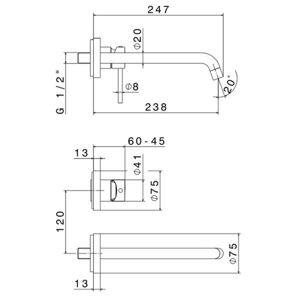 смеситель newform xt 4230e.21.018 для раковины, встраиваемый, без донного клапана, излив 24.7 см, наружная часть, хром