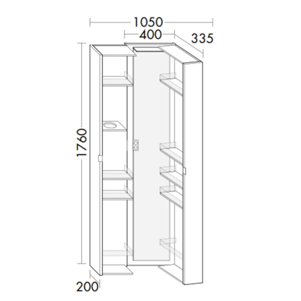 burgbad sys30 шкаф 40х33.5х176см., подвесной, 1 led 4000k ip24, 2 створки с полками, держатель фена, зеркало, 2 розетка внутри, ручки хром, цвет: белый глянцев