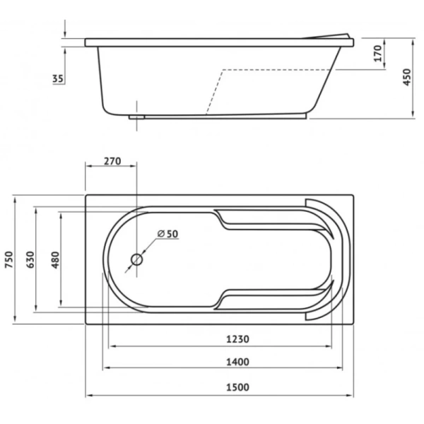 акриловая ванна berges lumbo 150x75 050001 без гидромассажа