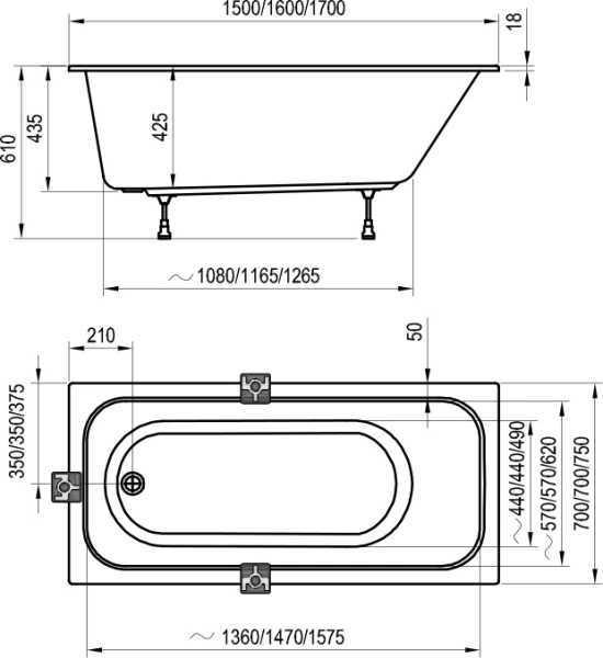 акриловая ванна ravak chrome slim 150x70 c721300000 без гидромассажа