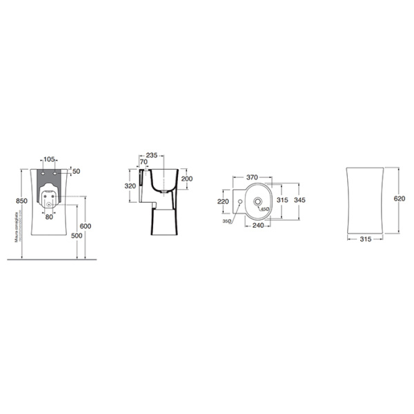 azzurra nativo раковина подвесная 35x37x62 см, 1 отв., с креплением, цвет: carbone