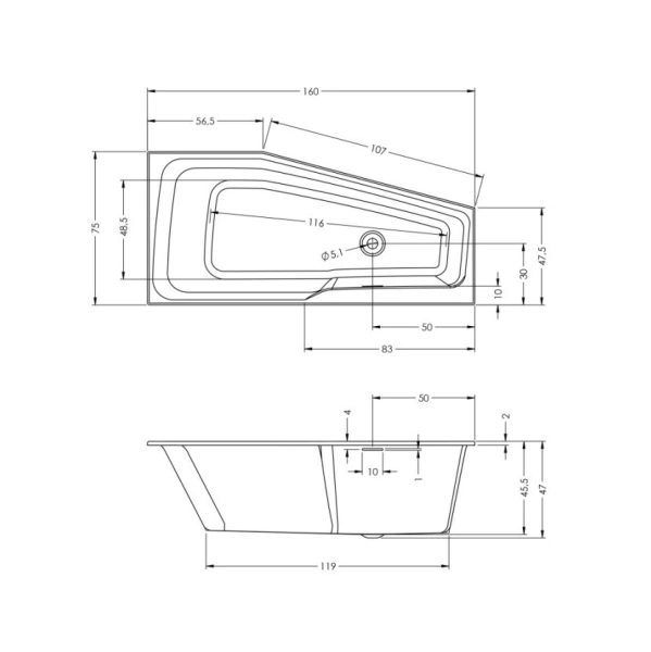акриловая ванна riho rething space 160х75 l b112001005 (br1400500000000) без гидромассажа