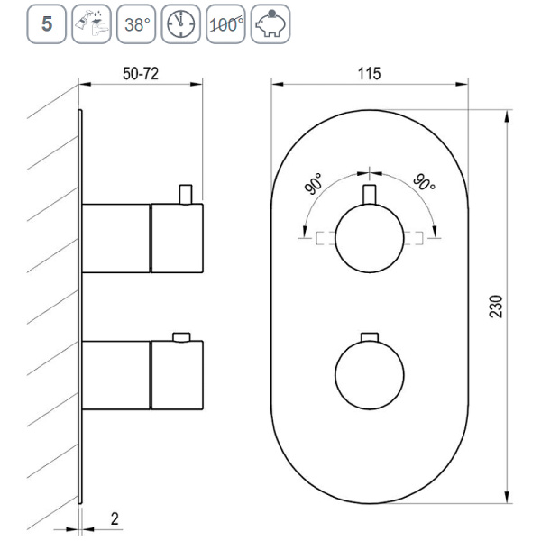 смеситель для душа ravak espirit es 063.20gb.o2 x070323 с термостатом графит