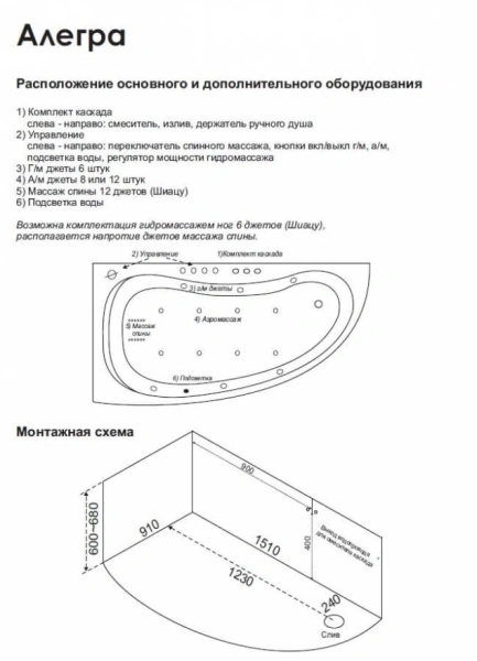 акриловая ванна bas алегра 150x90 r flat (вг00007), гидромассажная