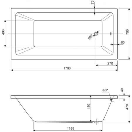 акриловая ванна cezares plane solo 170x70 plane solo-170-70-45-w37 без гидромассажа