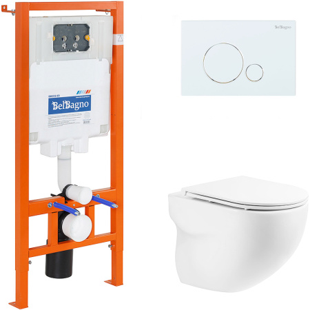 Комплект унитаза с инсталляцией BelBagno Onda BB066CHR/BB870SC/BB002-80/BB014-SR-BIANCO с сиденьем микролифт и Белой клавишей смыва.