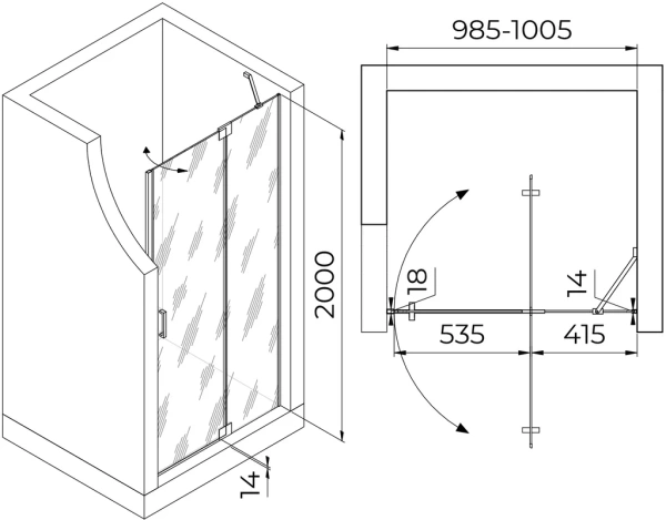 душевая дверь в нишу rgw hotel ho-014 1000х2000 профиль хром, стекло матовое