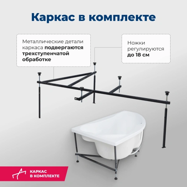 акриловая ванна aquanet capri 170x110 l 00205345 с каркасом, цвет белый