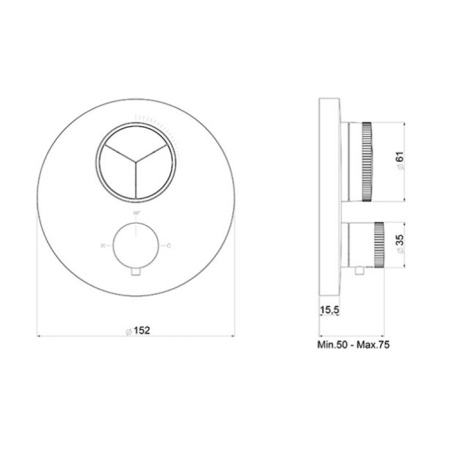 смеситель almar push round core e176633.cr для душа, встраиваемый, термостатический, внешняя часть, на 3 выхода, цвет хром
