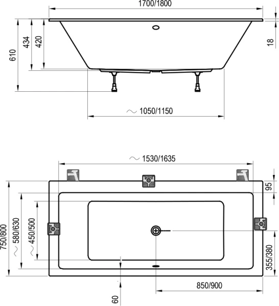 акриловая ванна ravak formy 01 slim 170x75 c691300000 без гидромассажа