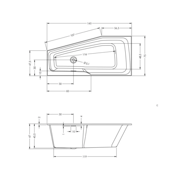 акриловая ванна riho rething space 160х75 r b111001005 (br1300500000000) без гидромассажа