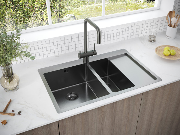 кухонная мойка paulmark kroner 78/2sf pm227851-gml, левая, цвет вороненая сталь.