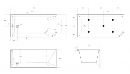 ванна акриловая угловая belbagno bb712-1500-730-l
