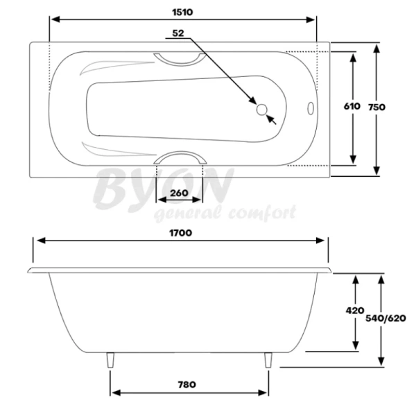 чугунная ванна byon b15 170x75 v0000221 с ручками с антискользящим покрытием