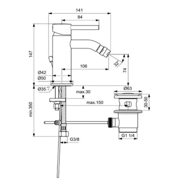 смеситель ideal standard ceraline bc197aa для биде, с донным клапаном, хром