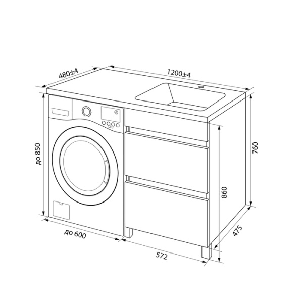 тумба с умывальником iddis optima home oph12rbi95k, напольная для стиральной машины с ящиками, 120 см, правая, белая