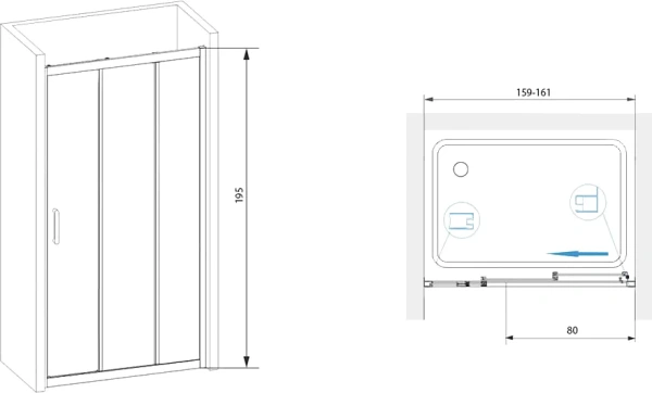 душевая дверь в нишу rgw passage pa-13 (159-161) x195 профиль хром, стекло прозрачное