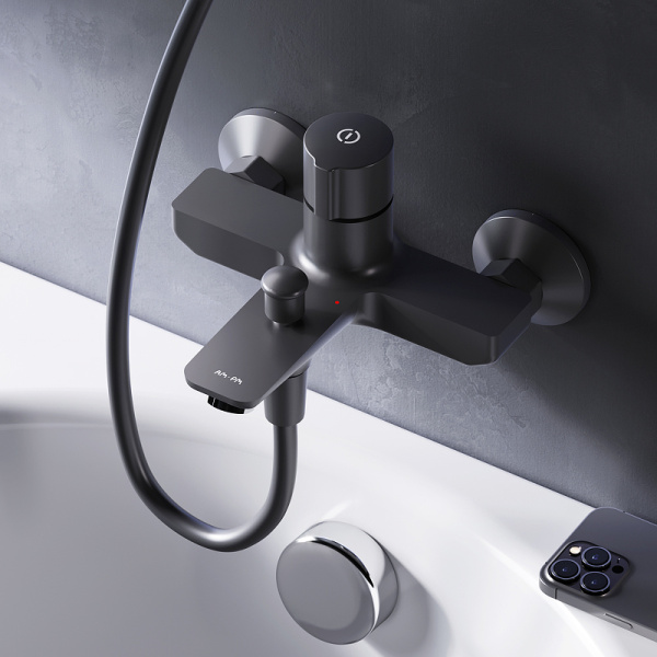 смеситель для ванны am.pm x-joy f85a10522 нажимной, touchreel, черный матовый