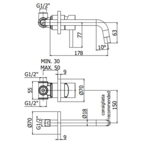 смеситель paffoni light lig006bo70 для раковины, без донного клапана, встраиваемый, с внутренней частью, излив 17.8 см, белый матовый