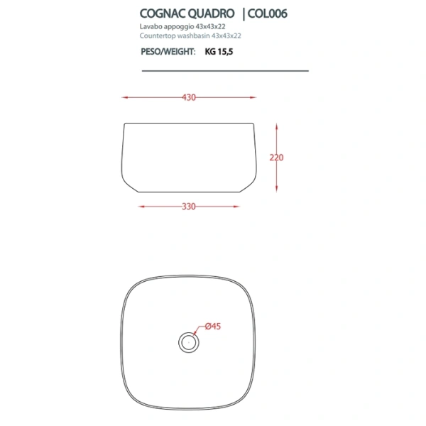 раковина artceram cognac quadro col006 43 00 накладная, без отв., без перелива, на столешницу, saniglaze, 43x43xh22.5 см, green foresta