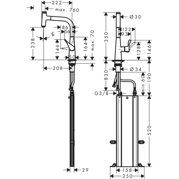 смеситель для кухни hansgrohe metris m71 73802800, сталь