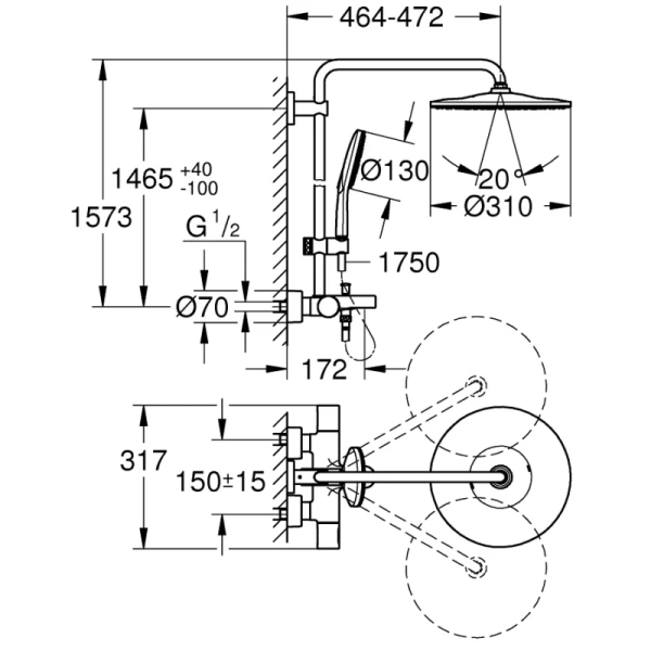 душевая система 310 мм grohe rainshower smartactive 26657000