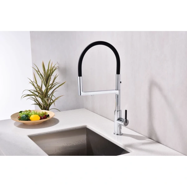 смеситель для кухни paulmark tornado to213402-cr, с гибким изливом, с подключением к фильтру воды, цвет хром/ черный