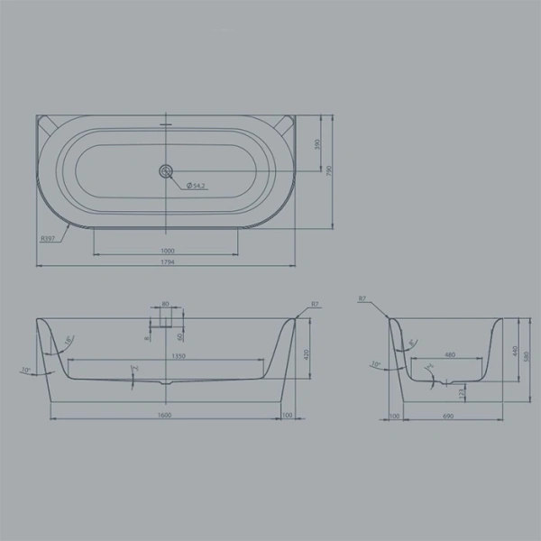 акриловая ванна knief fresh 0100-231 180x80x60h, щелевой перелив, глянцевая, цвет белый