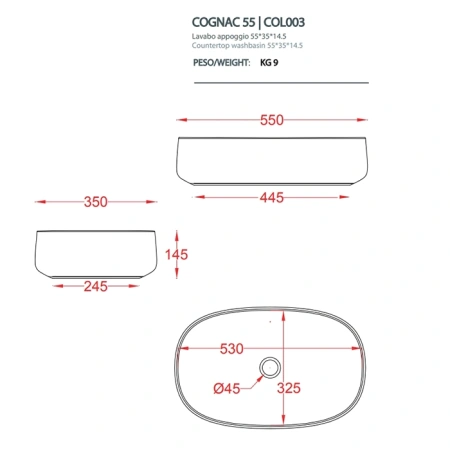 раковина artceram cognac quadro col003 20 00 накладная, без отв., без перелива, на столешницу, saniglaze, 55x35xh14.5 см, nero roma (черный матовый).