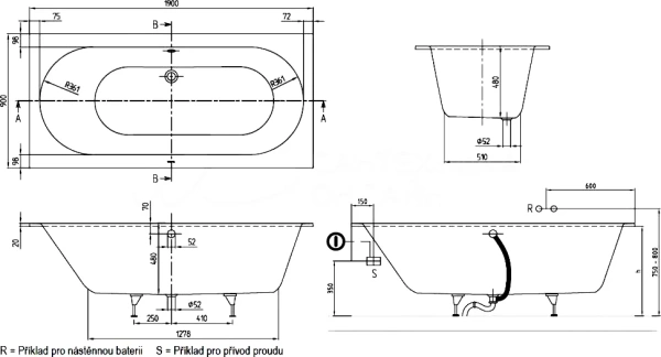 квариловая ванна villeroy&boch oberon ubq199obe2v-01 190x90 см