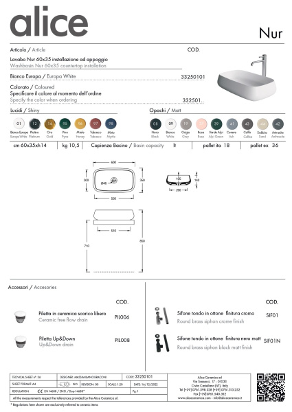раковина alice nur 33250101 накладная, 60x35 см, белый