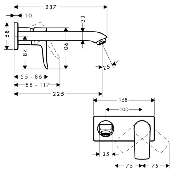 смеситель для раковины 225 мм, без донного клапана hansgrohe metris 31086000