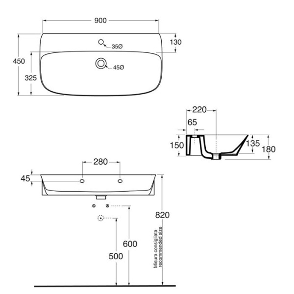 azzurra prua раковина подвесная 90х45хh18см., без отв.., цвет: белый